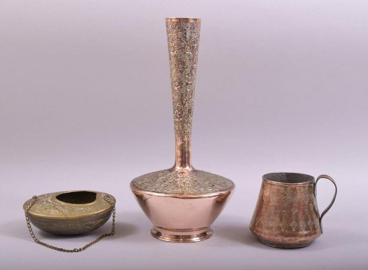 THREE PIECES OF EASTERN METALWARE, comprising of a tall