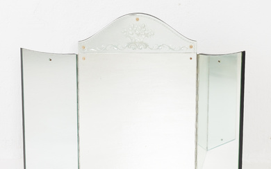 TOILET MIRROR/ MAKE-UP MIRROR, 3 pieces, 1930s, cut floral decor, blackened wooden back piece.