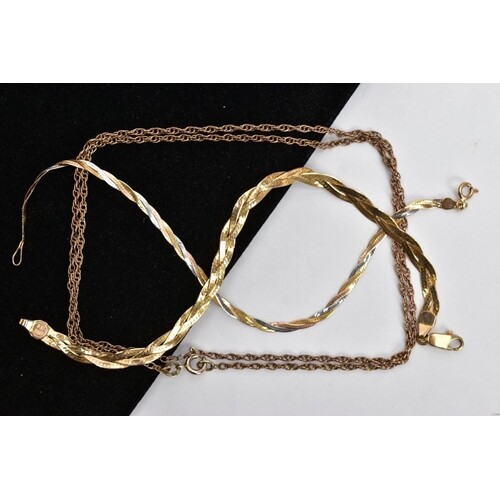 TWO 9CT GOLD PLAIT BRACELETS AND A CURB LINK CHAIN, the firs...