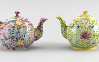 TWO CHINESE PORCELAIN BALL-FORM TEAPOTS One famille jaune with lotus decoration and one famille rose with floral decoration. Both ma...