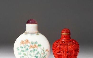 TWO CHINESE SNUFF BOTTLES 19TH/20TH CENTURY One carved in cinnabar...