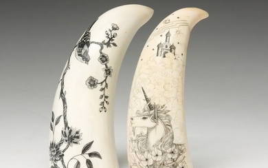 TWO DECORATED SCRIMSHAW WHALE TEETH.