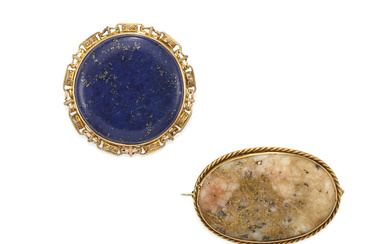 TWO GOLD AND HARDSTONE BROOCHES