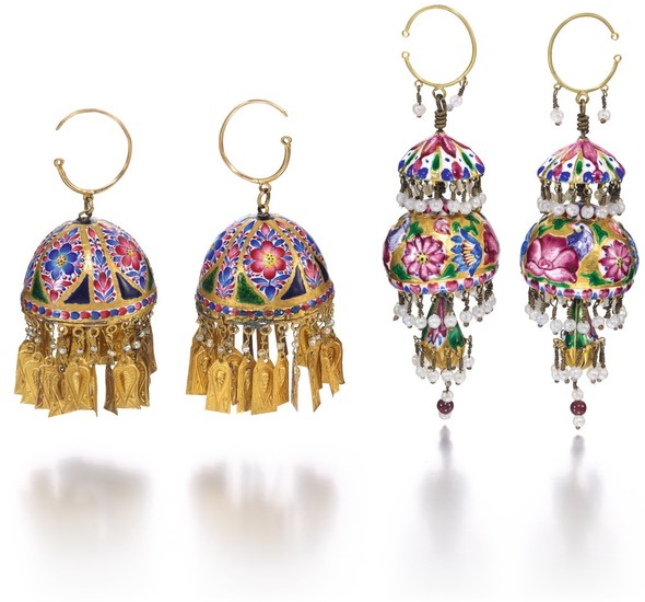 TWO PAIRS OF QAJAR GOLD AND ENAMELLED PENDANT BELL-EARRINGS, PERSIA, 19TH CENTURY