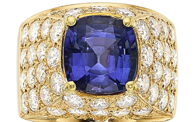 Tanzanite, Diamond, Gold Ring The ring features a cushion-shaped...