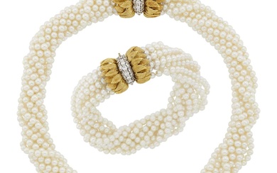 Ten Strand Cultured Pearl Torsade Necklace and Bracelet with Gold, Platinum and Diamond Leaf Clasps
