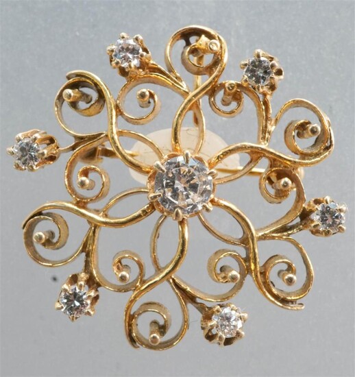 Tested 14-Karat Yellow-Gold and Diamond Floral Form Pendant-Brooch, 3.5 gross dwt, Center Diamond approx .35 ct, L: 1-1/8 in