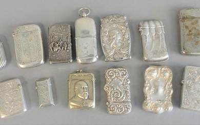 Thirteen silver holders to include 10 match safes with