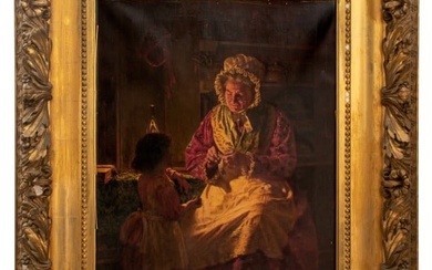 Thomas Wood "The Knitting Lesson" Oil on Canvas