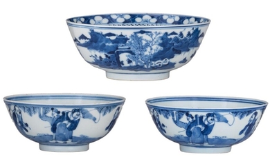 Three Chinese Kangxi style blue and white bowls,...
