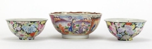 Three Chinese porcelain bowls including a pair hand painted ...