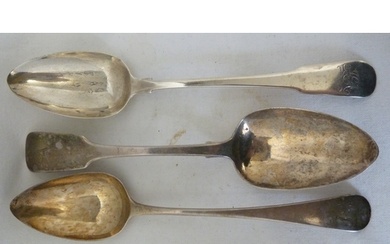 Three Georgian silver table spoons, two of fiddle and one of...
