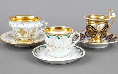 Three cups with saucer, 19th century, commemorative cup with saucer, Schumann, Moabit, with