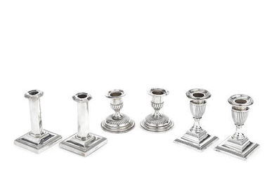 Three pairs of Victorian silver dwarf candlesticks