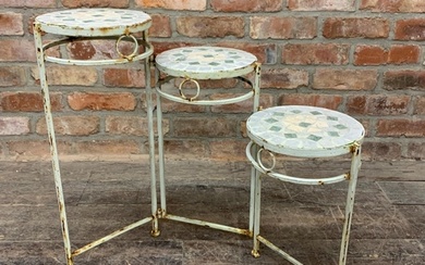 Three tier tile top folding plant stand, on painted wrought ...