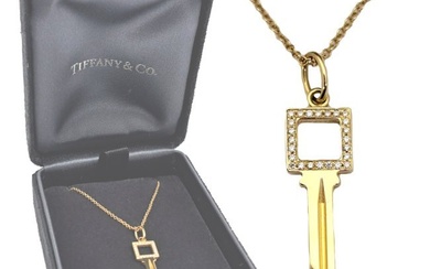 Tiffany Co 18k Gold Fine Diamond Open Square Key Pendant Necklace w Box