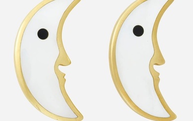 Tiffany & Co., Two mother-of-pearl, black onyx, and gold crescent moon brooches