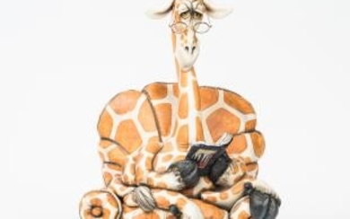 Todd Warner (American, b. 1945) Ceramic Giraffe Reading a Book in a Chair
