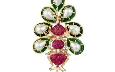 Tony Duquette Ruby Diamond and Cultured Pearl Brooch