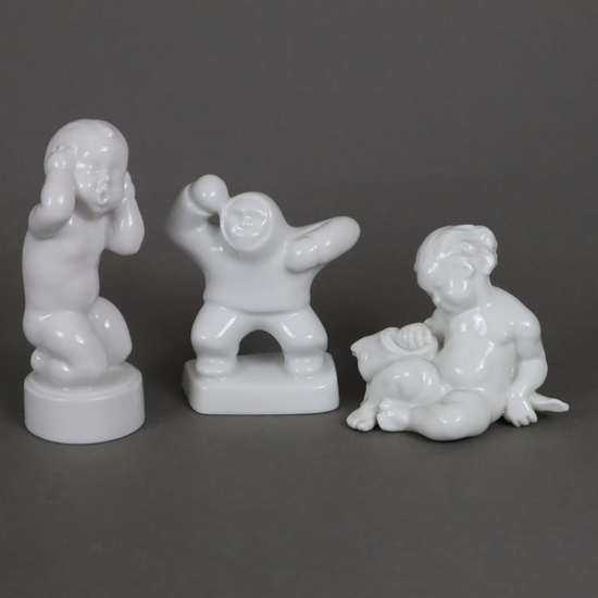 Trois figures - Bing&Gröndahl, Copenhague, c.1960/1970, porcelaine blanche, émaillée, 1x figure allégorique d'enfant "Earache", dessinée...