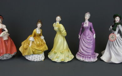 Twelve Coalport lady figurines and a further Royal Doulton figure, tallest H. 21cm.