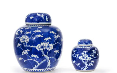 Two Chinese blue and white prunus jars and covers Qing dynasty, 19th...