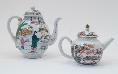 Two Chinese teapots, 20th century, one of ovoid form with reeded handle and curved spout, painted to the body with figural domestic scenes beneath panelled border, red mark to the underside, 19cm high overall, the other of globular form with curved...