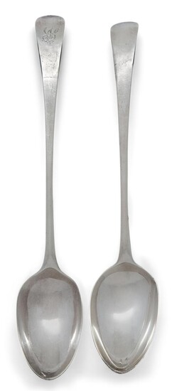 Two George III Old English pattern silver stuffing spoons, one London, 1788, Hester Bateman, 29.1cm long, the other London, 1793, Peter & Ann Bateman, 30cm long, with engraved monogram to terminal, total weight approx. 6.5oz (2)