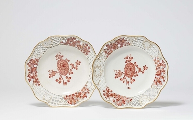 Two Meissen porcelain dessert plates from the dinner service with the iron red mosaic border