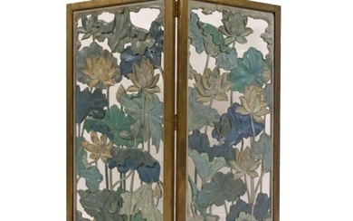 Two Panel Japanese Polychrome Carved Wood Screen, Meiji Period