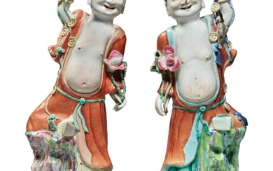 Two Rare Chinese Export Famille-rose Figures of Liuhai Qing Dynasty, Qianlong Period