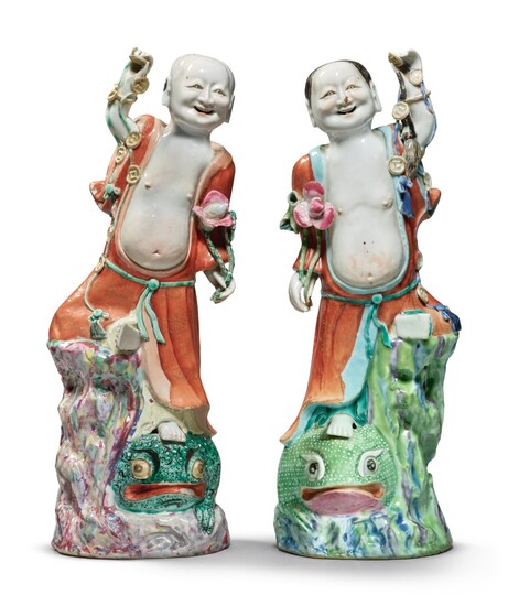 Two Rare Chinese Export Famille-rose Figures of Liuhai Qing Dynasty, Qianlong Period