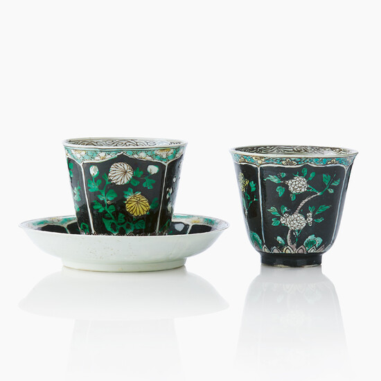 Two Rare Chinese Famille Noire Cups and one Saucer