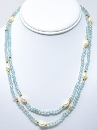 Two Strand Baroque Pearl & Aqua Bead Necklace