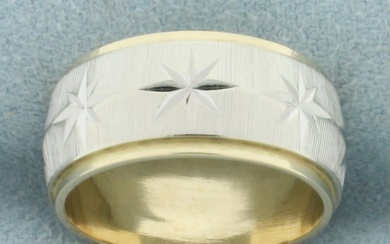 Two Tone Star Design Band Ring in 14k White and Yellow Gold