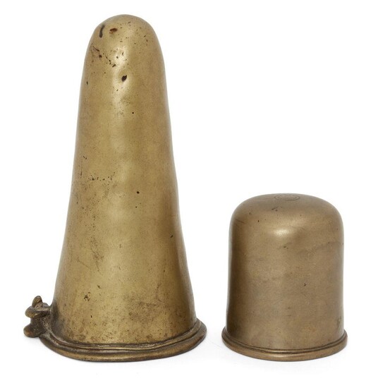 Two brass lingas, India, 19th century, the larger one of conical form with a small model of a linga at the lower rim, the smaller one of cylindrical form with domed top, 22.8 cm. and 10.1cm. high 19th century Provenance: Christie's New York, Indian...