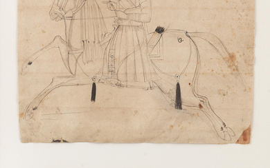 Two drawings, depicting a nobleman on horseback and an adorned...