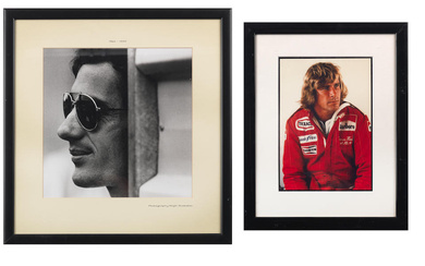 Two framed portrait photographs of Ayrton Senna and James Hunt,...