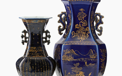 Two gilt-decorated powder-blue glazed baluster vases