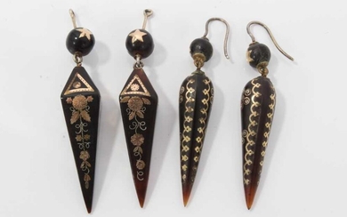 Two pairs of 19th century piqué work earrings with star and floral decoration, approximately 60mm length
