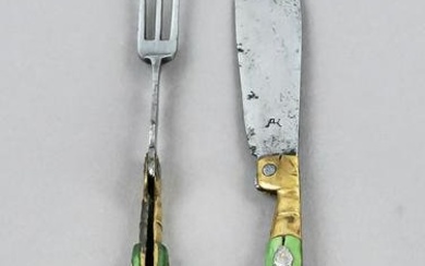 Two-piece travel cutlery, German, around 1800, knife and fork, green dyed leg handles with