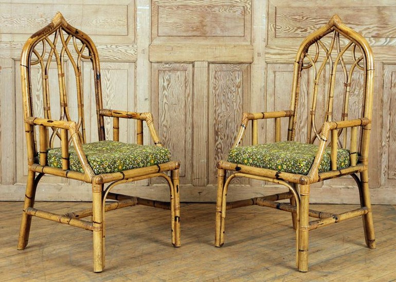 UNUSUAL PAIR GOTHIC STYLE RATTAN CHAIRS C.1950
