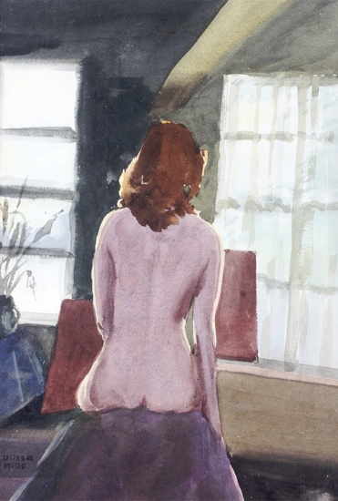 Ulissa Mills (20th Century), seated female nude in an interior, watercolour on paper. Signed lower left, glazed and mounted on a board, 33.5cm x 49cm exc. board