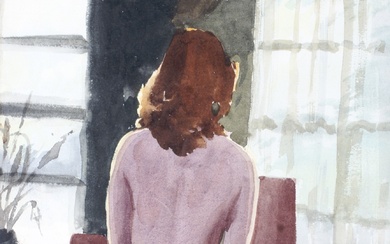 Ulissa Mills (20th Century), seated female nude in an interior, watercolour on paper. Signed lower left, glazed and mounted on a board, 33.5cm x 49cm exc. board