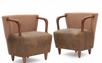 SOLD. Unknown designer: A pair of easy chairs with frame of stained beech. Seat upholstered with brown suede back with red patterned fabric. (2) – Bruun Rasmussen Auctioneers of Fine Art