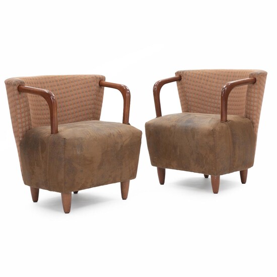 SOLD. Unknown designer: A pair of easy chairs with frame of stained beech. Seat upholstered with brown suede back with red patterned fabric. (2) – Bruun Rasmussen Auctioneers of Fine Art