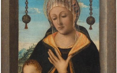 VINCENZO FOPPA (CERCLE)(Bagnolo c. 1430-1516 Brescia)Madone avec enfant. Circa 1500-1505.Huile sur bois. 52,5 × 39,5...