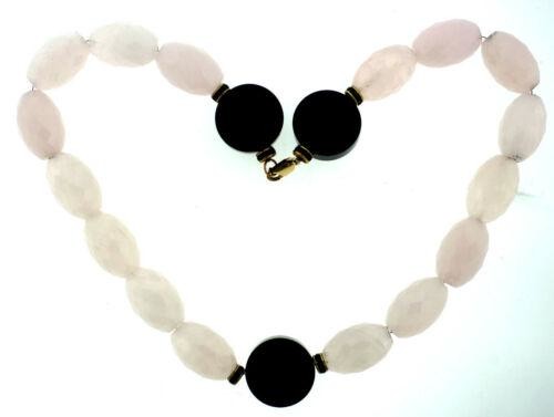 VINTAGE BEAUTIFUL PINK QUARTZ BEAD NECKLACE WITH ONYX