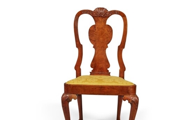 Very Fine and Rare Queen Anne Carved and Figured Walnut Side Chair, Carving attributed to John Welch, Boston, Massachusetts, Circa 1740