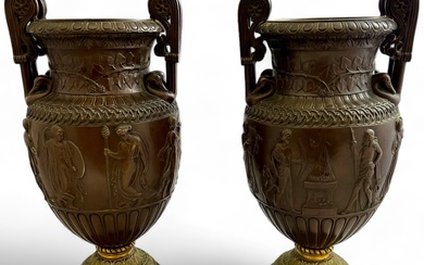 Victor PAILLARD 1805-1886 Paire de vases à l'étrusque en bronze, à décor en bas relief...